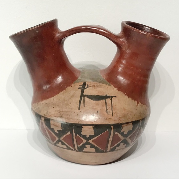 VTG Chile Ivan Pottery Vessel Primitive Hand Painted Wedding Vase Double Spout 8 - Picture 3 of 15
